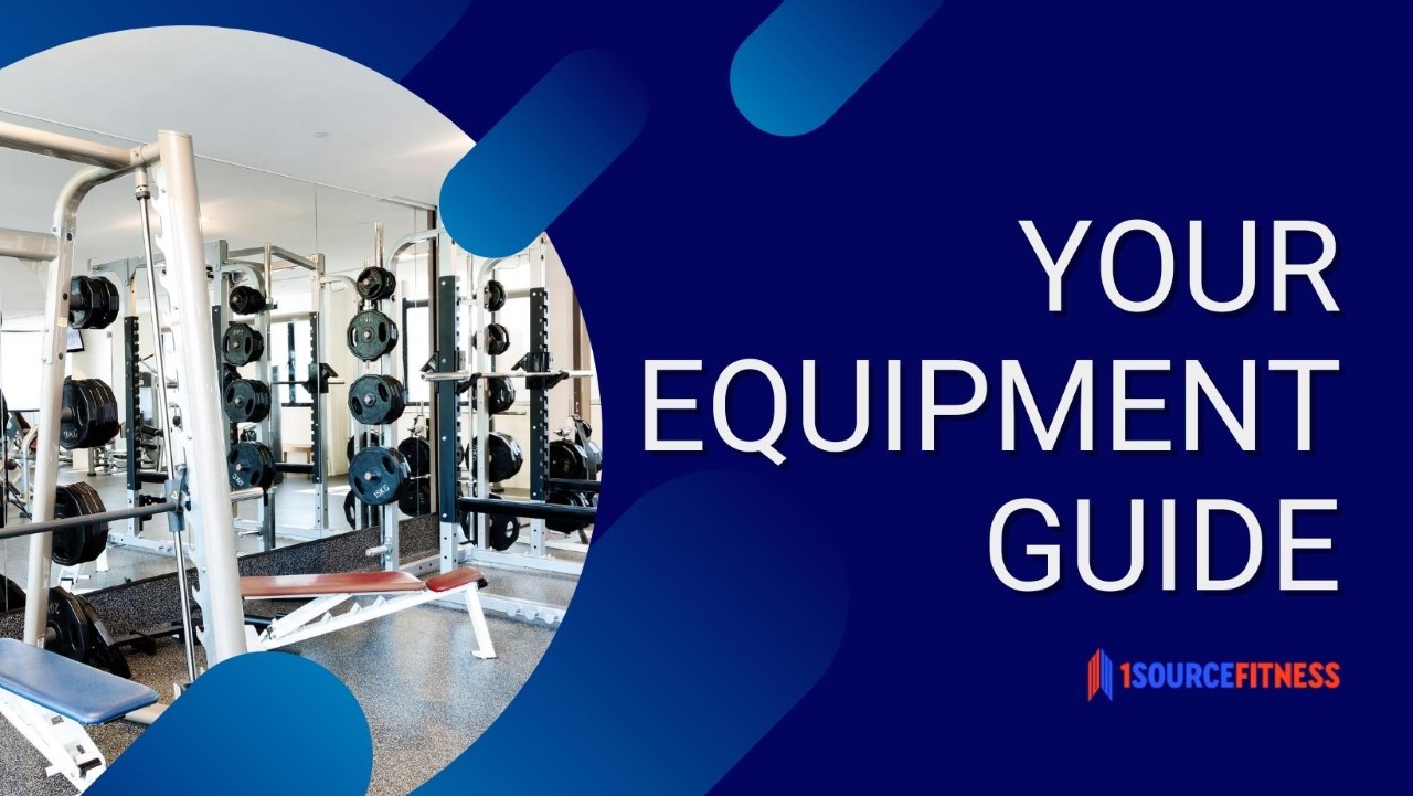 This graphic contains the image of a barbell rack and several steel bars holding weighted plates. A blue background encircles the image with a caption that reads "Your Equipment Guide." Underneath is the logo for 1SourceFitness. 